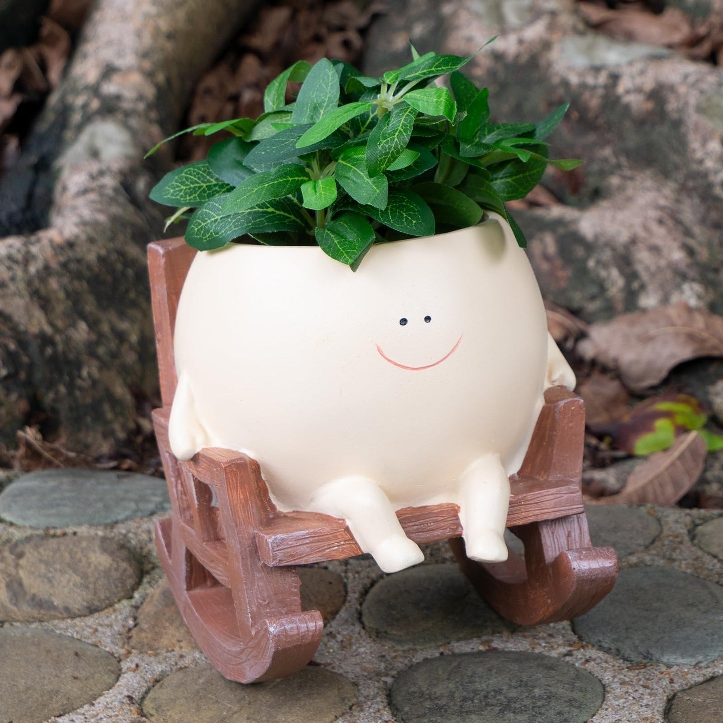 Smiley Face Resin Flower Head Planter Pot Indoor Outdoor Unique Rocking Chair Succulent Planter Gift Idea for Mother and Thanks Giving Christmas with Drainage Hole