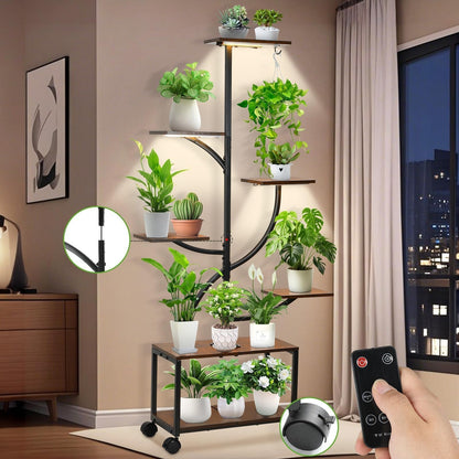 Indoor Plant Stand with Grow Lights, 62 Inch Plant Stand with Locking Wheels, 7 Tier Plant Shelf, Adjustable Brightness with Remote Control, Drain Hole