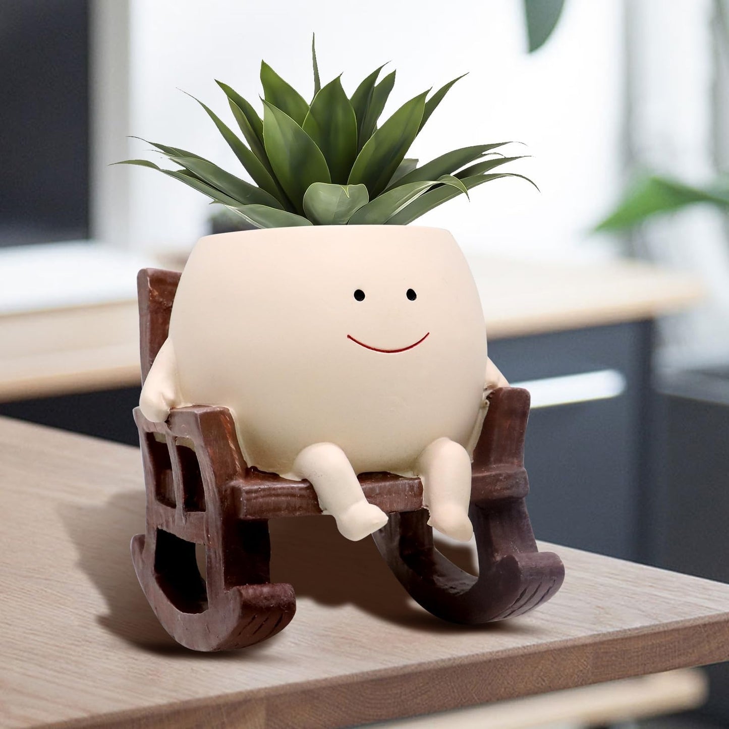 Smiley Face Resin Flower Head Planter Pot Indoor Outdoor Unique Rocking Chair Succulent Planter Gift Idea for Mother and Thanks Giving Christmas with Drainage Hole