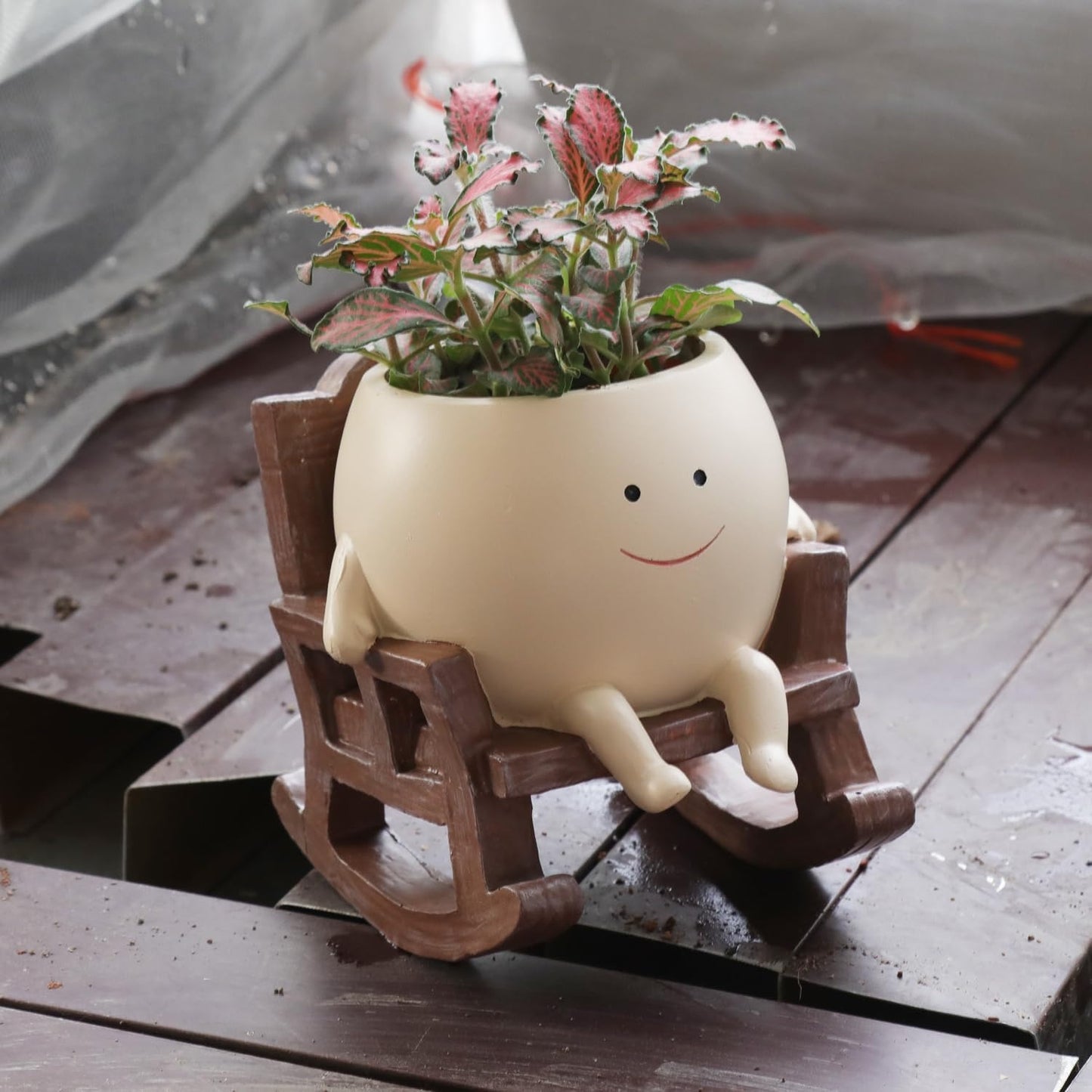 Smiley Face Resin Flower Head Planter Pot Indoor Outdoor Unique Rocking Chair Succulent Planter Gift Idea for Mother and Thanks Giving Christmas with Drainage Hole