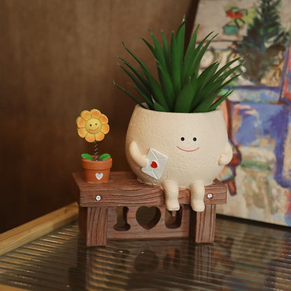 Smily Resin Flower Head Planter Pot Indoor Outdoor Unique Succulent Chair Gift Idea for Mother Father and Thank You Christmas with Drainage Hole