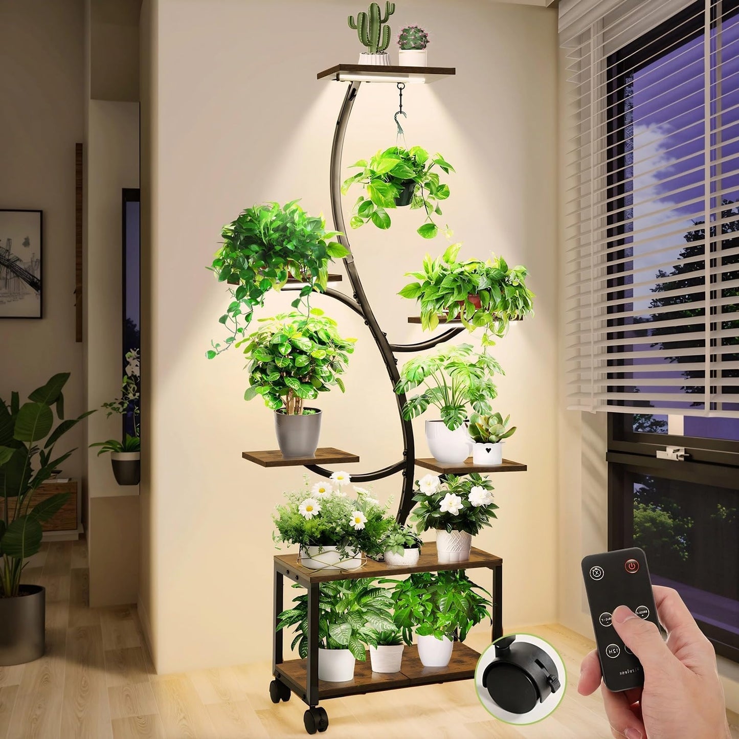 Indoor Plant Stand with Grow Lights, 62 Inch Plant Stand with Locking Wheels, 7 Tier Plant Shelf, Adjustable Brightness with Remote Control, Drain Hole