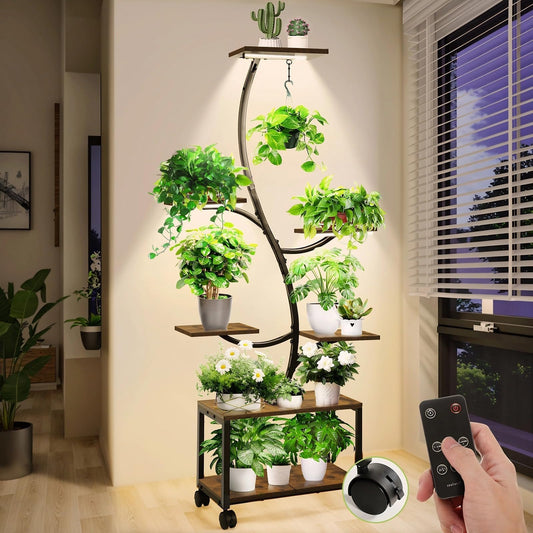 Indoor Plant Stand with Grow Lights, 62 Inch Plant Stand with Locking Wheels, 7 Tier Plant Shelf, Adjustable Brightness with Remote Control, Drain Hole